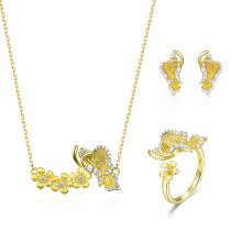 Luxury Gold Plated Butterfly with Flower CZ S925 Silver Jewelry Set